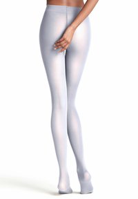 Collant azzurro chiaro, trasparenti, con texture liscia, vita alta e design senza cuciture. Il tessuto è elasticizzato e aderente.