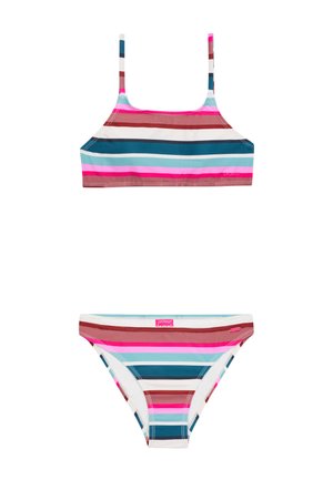 Gestreept bikini set met een crop top en bijpassende onderkant, in verschillende kleuren: roze, blauw, bruin en wit. Het materiaal lijkt rekbaar en lichtgewicht.