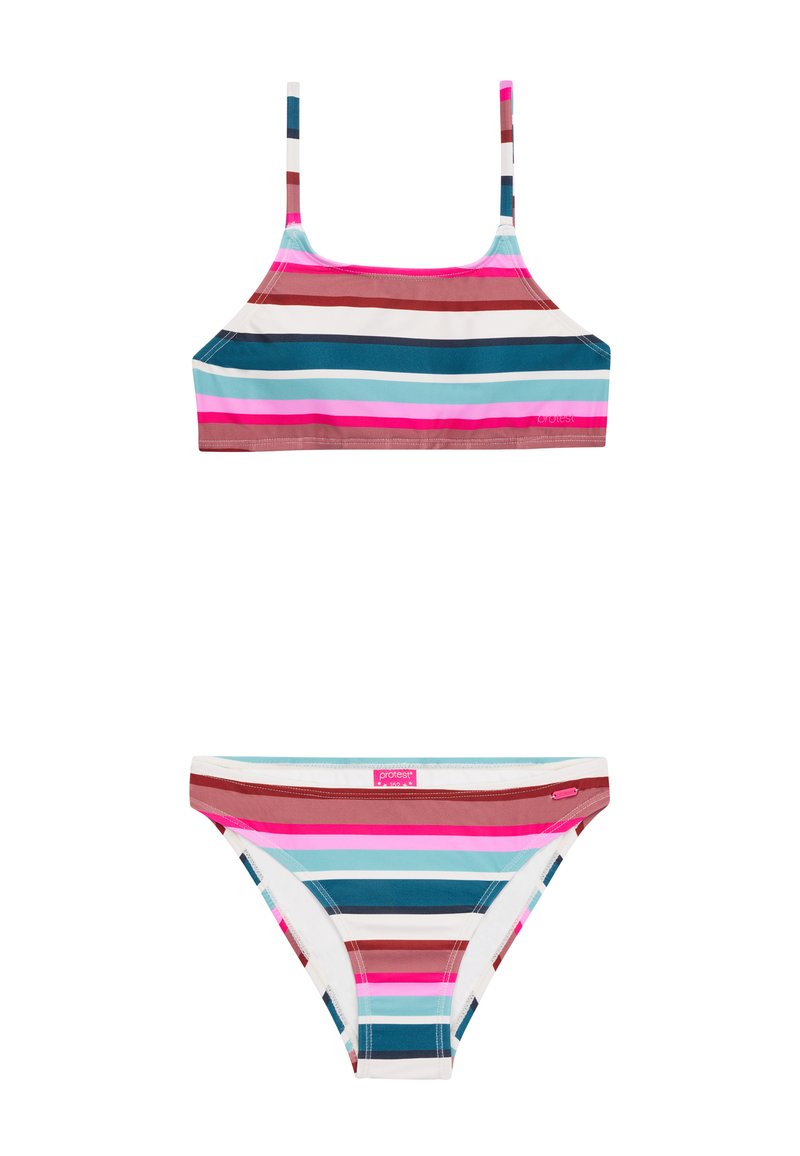 Gestreept bikini set met een crop top en bijpassende onderkant, in verschillende kleuren: roze, blauw, bruin en wit. Het materiaal lijkt rekbaar en lichtgewicht.