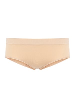 Nude hipsterunderkläder tillverkade av mjukt, elastiskt material. Har sömlösa kanter och en midjehöjd i medelhöjd. Minimalistisk design utan synliga mönster.