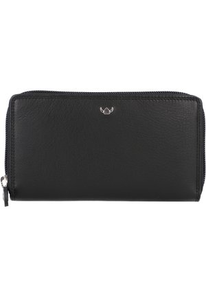 Black leather wallet with a smooth texture, zip closure, and a silver hardware accent featuring a small logo emblem on the front.