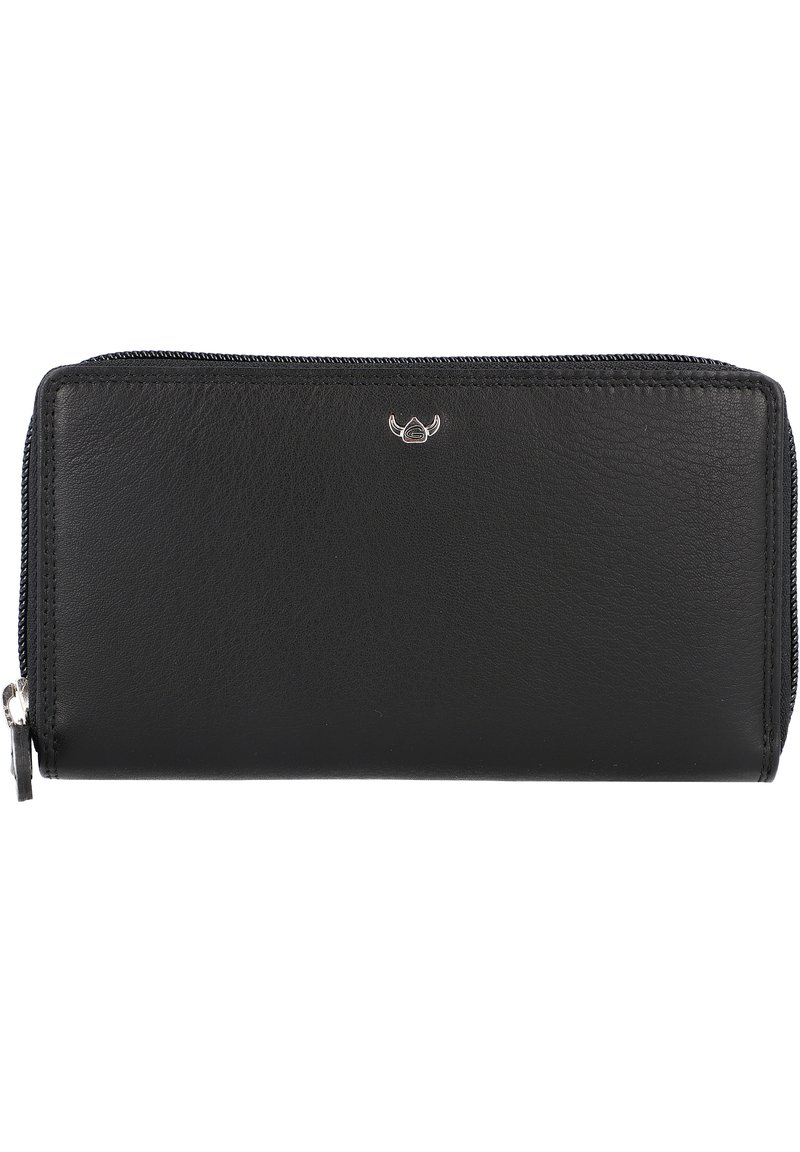 Zwarte leren portemonnee met een gladde textuur, ritsluiting en een zilveren hardware accent met een klein logo-embleem aan de voorkant.