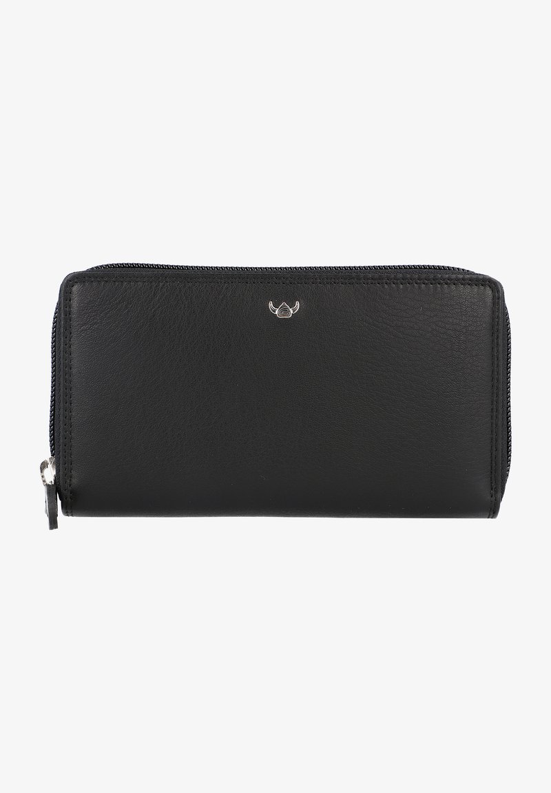 Zwarte leren portemonnee met een gladde textuur, ritsluiting en een zilveren hardware accent met een klein logo-embleem aan de voorkant.