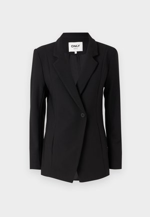 Svart blazer laget av et glatt stoff, med smal krage, enkel knappelukking og skreddersydd passform med detaljer på frontseam.