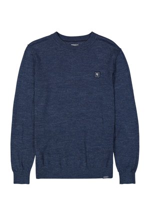Marineblauwe crewneck trui van een textuur gebreide stof, met ribgebreide manchetten en zoom, en een klein merklogo op de borst.