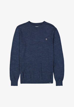 Marineblauwe crewneck trui van een textuur gebreide stof, met ribgebreide manchetten en zoom, en een klein merklogo op de borst.