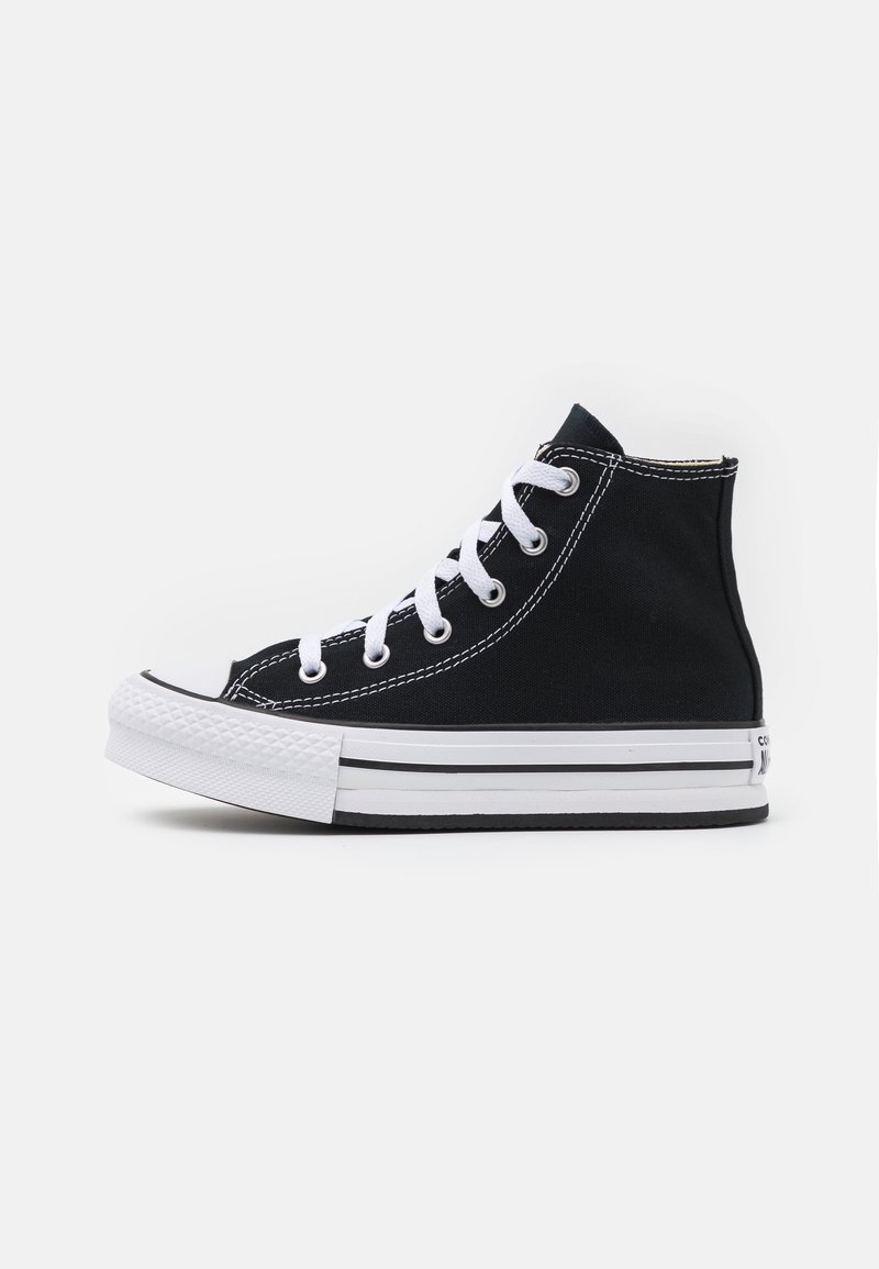 Black high-top canvas sneaker with white rubber sole, white laces, and white stitching, shown in side profile on a white background.