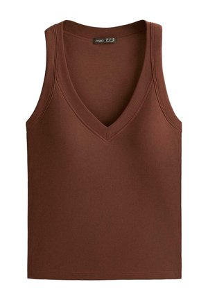 Ujjatlan barna bordázott kötött trikó V-nyakkivágással és széles vállpántokkal, felülnézetben, fehér háttéren.