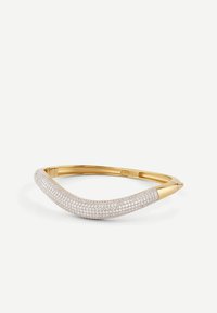 Gold-tone bracelet with a curved design, featuring rows of shimmering clear crystals along the center. Smooth metal accents at the ends.