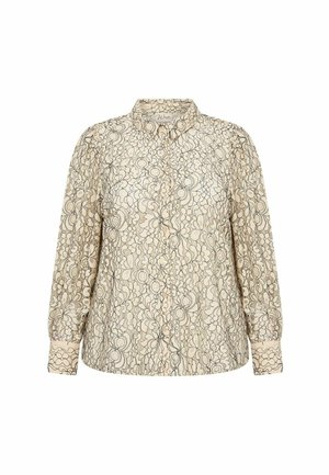 Cream blouse with intricate black floral pattern, button-down front, long puff sleeves, and a classic collar. Soft, lightweight fabric.