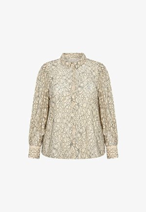 Kreminė bluzelė su sudėtingu juodu gėlėtu raštu, mygtukų užsegimu priekyje, ilgomis pūkuotomis rankovėmis ir klasikiniu apykakle. Minkšta, lengva medžiaga.