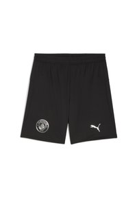Sorte sportsshorts med elastisk talje. Venstre side har et rundt Manchester City-logo, mens højre side viser et hvidt Puma-logo.
