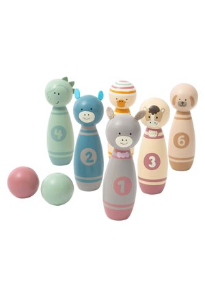 Wooden animal-themed bowling set featuring six colorful pins with unique designs and numbers, accompanied by three pastel-colored balls.