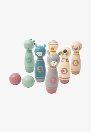 Wooden animal-themed bowling set featuring six colorful pins with unique designs and numbers, accompanied by three pastel-colored balls.