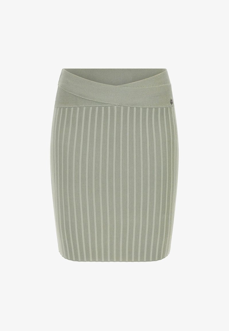 Jupe crayon en maille côtelée vert clair avec une large ceinture chevauchante et un petit logo métal sur le côté.