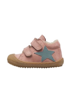 Pink toddler shoe with double Velcro straps, beige sole, blue star on side, and soft inner lining.