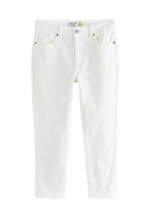 Jean slim blanc crop en denim, avec fermeture à bouton, passants de ceinture et poches avant avec des accents métalliques. Texture lisse.