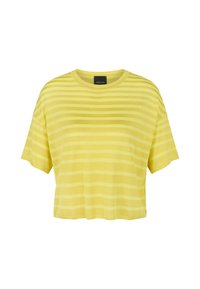 Gelb gestreiftes Kurzarm-T-Shirt mit Rundhalsausschnitt, aus leichtem Stoff, mit lockerer Passform und subtiler Textur.