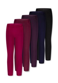 Vijf paar leggings in verschillende tinten: bordeauxrood, donkerpaars, lichtpaars, marineblauw en zwart. Zachte stof met elastische tailleband, geen zichtbare patronen.