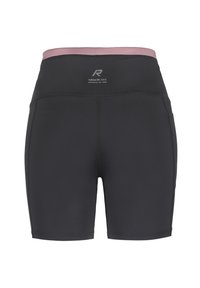 Svarta sportshorts med en rosa midja, tillverkade av stretchigt material. Har platta sömmar och en logotyp på midjan.