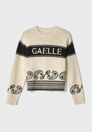 Maglione beige a maglia con strisce nere e la parola "GAELLE." Presenta motivi paisley all'orlo e polsini a coste. Design cropped.