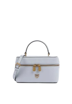 Piccola borsa a mano in pelle grigio chiaro con manico superiore, tracolla regolabile, cerniera dorata e piccolo logo dorato sul davanti.