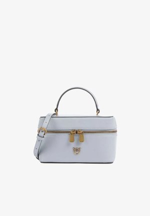 Piccola borsa a mano in pelle grigio chiaro con manico superiore, tracolla regolabile, cerniera dorata e piccolo logo dorato sul davanti.