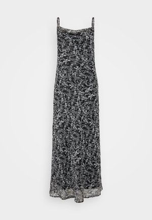 Rochie maxi neagră cu bretele subțiri, având un model floral în alb și gri, fabricată dintr-un material ușor, cu o textură fluidă.