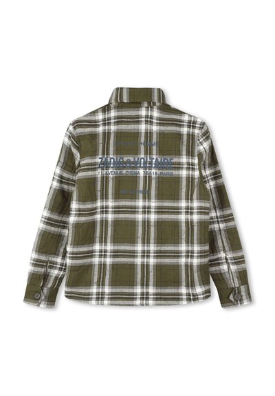 Groene en witte geblokte jas met een kraag, knoopmanchetten en bedrukte logodetails op de rug. Gemaakt van gestructureerde stof.