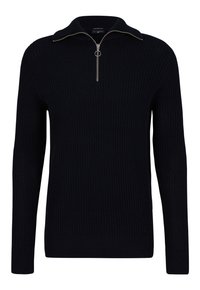Pull marine en tissu côtelé, doté d'un col montant et d'une fermeture à demi-zip avec tirette en métal. Manches longues avec poignets ajustés.