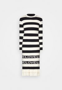 Musta-valkoinen raidoitettu pitkähihaiseen mekkoon, ribbad tekstuurilla, jossa on "LOVE" -kirjain alareunassa ja röyhelöhelma.