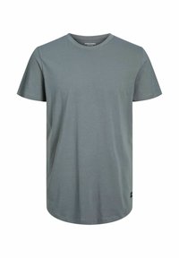 Plain short-sleeve gray crewneck t-shirt with a small black tag near the bottom hem on the right side.