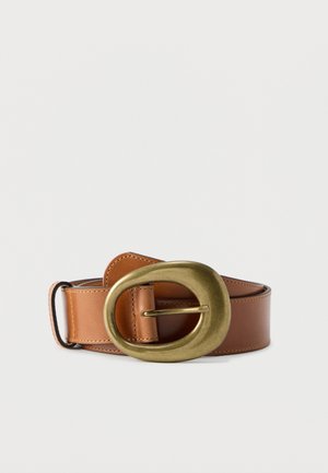Brown leather belt with large oval brass buckle, rolled and placed on a light background.
