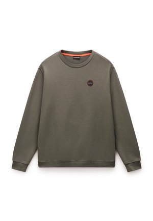 Felpa verde oliva con colletto tondo, maniche lunghe e un piccolo logo circolare sul petto. Tessuto liscio con polsini e orlo a coste.