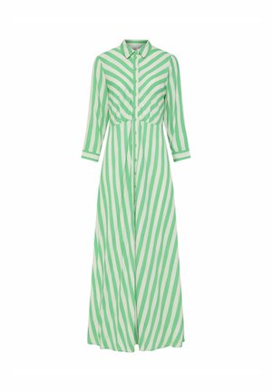 Robe longue à boutons verte et blanche à rayures, avec un col, des manches trois-quarts et un corsage ajusté menant à une jupe fluide.