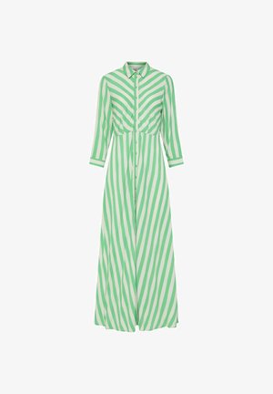 Zielono-biała w paski długa sukienka zapinana na guziki z kołnierzykiem, trzyczworętami rękawami oraz dopasowanym górą prowadzącym do rozwiewającej się spódnicy.