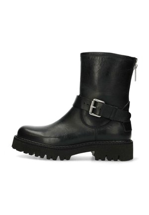 Black leather ankle boots feature a wide toe, a buckle strap, and a chunky rubber sole with deep treads. Zip closure on the side.