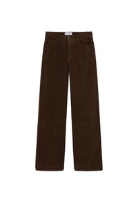 Pantalones de pana marrones de pierna ancha con una textura suave, con cierre de botón frontal y dos bolsillos laterales. Ajuste recto y sin patrones distintivos.