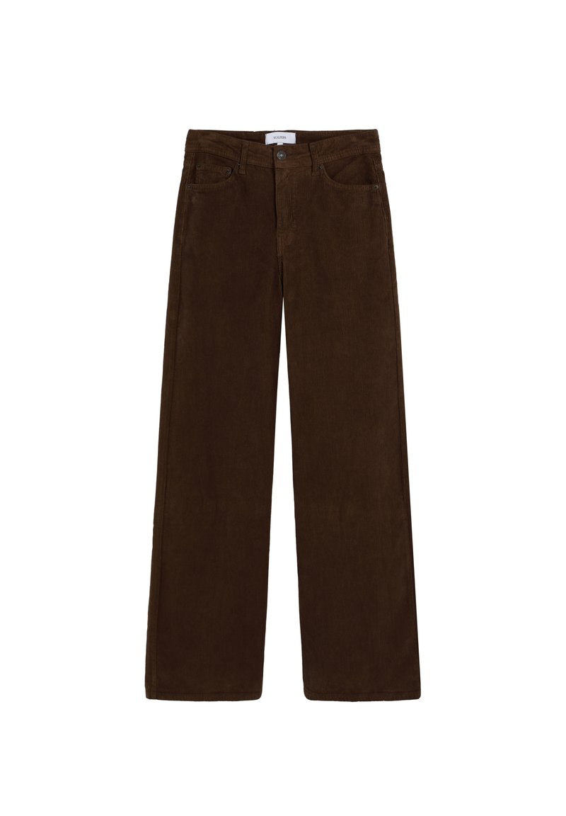 Pantalones de pana marrones de pierna ancha con una textura suave, con cierre de botón frontal y dos bolsillos laterales. Ajuste recto y sin patrones distintivos.