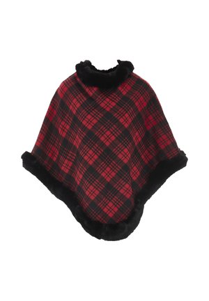 Punamusta ruudullinen poncho, jossa musta tekoturkisreunus kauluksessa ja helmassa.