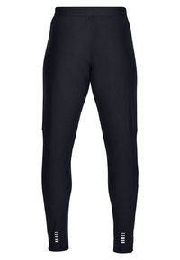 Mustat urheilulegginsit, jotka on valmistettu joustavasta kankaasta, jossa on tiukka malli ja heijastavat yksityiskohdat alhaalla jaloissa näkyvyyden parantamiseksi.