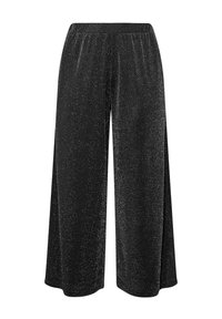 Svarta, vida byxor med en texturerad, glittrande finish. Har ett elastiskt midjeband för komfort och en lös, flödande design.