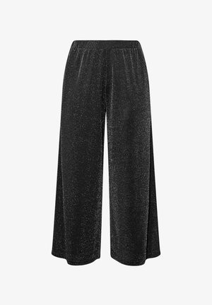 Czarne, szerokie spodnie o teksturowanym, błyszczącym wykończeniu. Posiadają elastyczny pas dla wygody oraz luźny, swobodny krój.