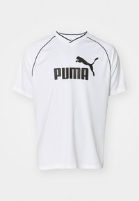 White short-sleeve sports jersey made of breathable material. Features black accents and a prominent black PUMA logo on the front.