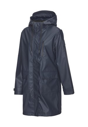 Navy waterproof raincoat featuring a hood, front button closure, two large front pockets, and a zippered chest pocket. Smooth, glossy texture.