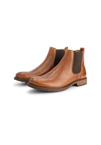 Bruine leren Chelsea boots met elastische zijpanelen, ronde neuzen en bruine rubberen zolen met een geribbelde textuur en minimale hardware.