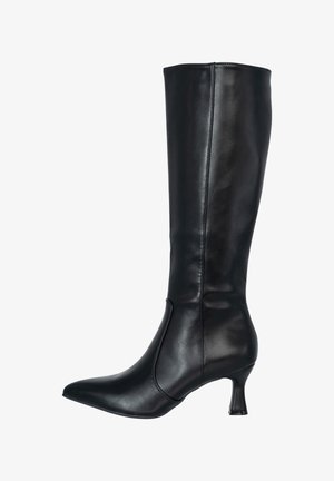 Black leather knee-high boot with a pointed toe and a slim, flared heel. Smooth texture with a side seam detail.