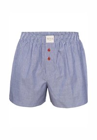 Blauw-wit gestreepte boxershort met een relaxte pasvorm, elastische tailleband en twee rode knopen aan de voorkant, gemaakt van lichtgewicht stof.