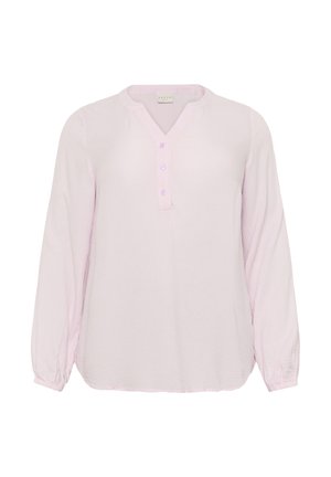 Cămașă cu mâneci lungi, roz deschis, cu un model texturat, de tip V, și placket cu patru nasturi. Mansete ajustate cu elastic pentru o potrivire personalizabilă.