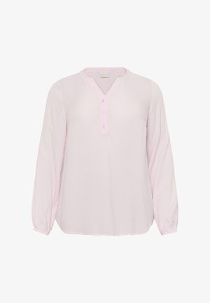 Pikkade varrukatega heleda roosa särk, millel on tekstuuriga muster, V-kaelus ja neli nööpi. Keha lähedal olevad mansetid elastse kohandatava sobitusega.